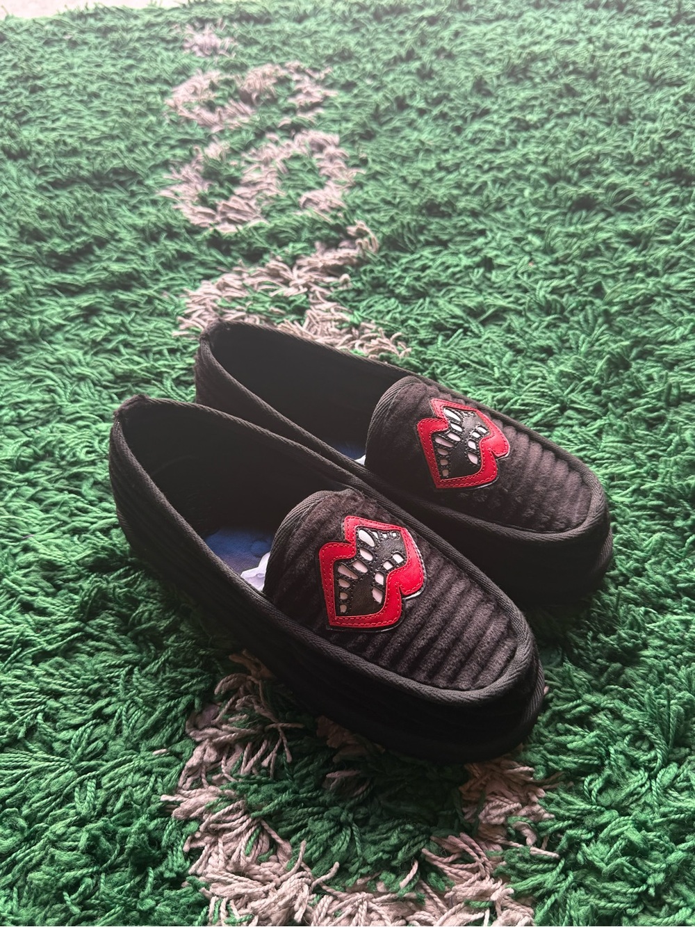 Chrome Hearts Black Quilted Slip-On Loafers with Red Lip Patch